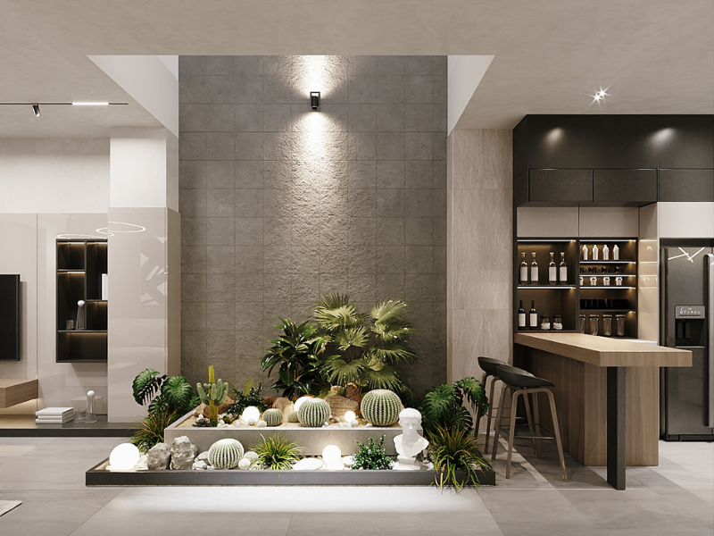 Tiểu cảnh giếng trời nhà ống: Thiết kế cân bằng Ngũ Hành, hút Tài Lộc